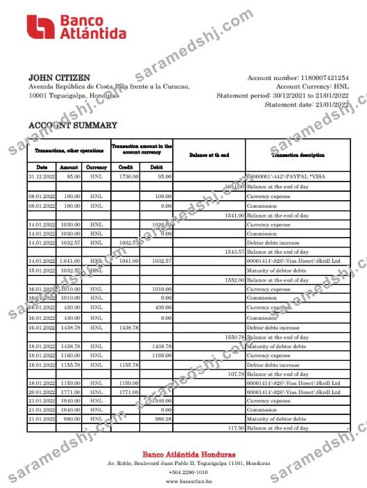 Honduras Banco Atlantida statement